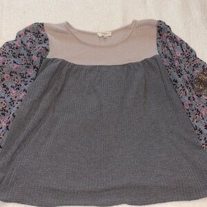 Umgee Charcoal Blouse with Floral Sleeves